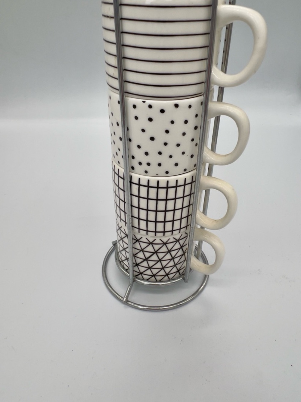 Stackable Ceramic Espresso Cup Set in White with Black Geometric Patterns